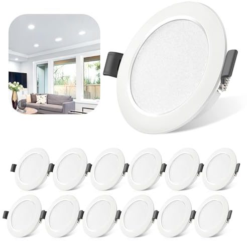 LED Einbaustrahler Ultra Flach 230V 5W, 6000K Kaltweiß 12er Set LED Spots | IP44 68-80mm EinbauØ, 450lm Deckenleuchte Einbautiefe 25mm, Einbauleuchten Deckenspot für Badezimmer Wohnzimmer Küche