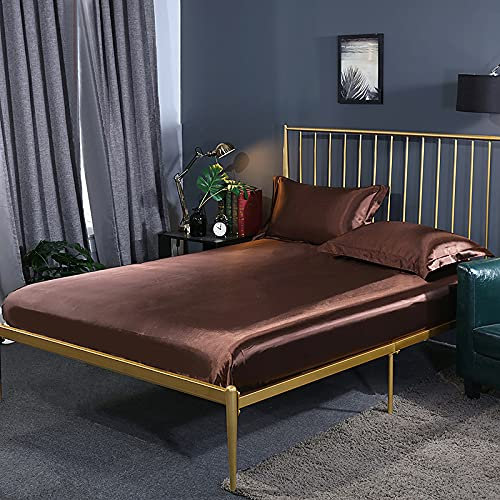 Juego de sábanas bajeras de seda satinada, tamaño doble, color marrón oscuro, incluye fundas de almohada, funda de colchón con banda elástica, color liso, 150 x 200 cm