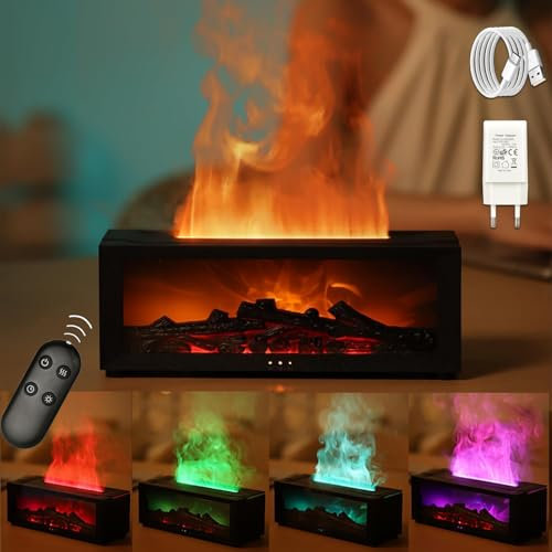 Airmpa LED Kamin Flammen Aroma Diffuser, Duftöl Diffusor ätherische öle, Luftbefeuchter mit Fernbedienung, und 7 Arten LED Lichtfarben mit Timer, Perfekt für Zuhause Büro Schlafzimmer (Schwarz)