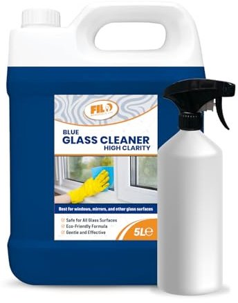 FILO Blue Glass Cleaner Spray 5L with Trigger Bottle – Professional Window Cleaner Spray – Streak-Free Liquid for Mirrors & Shower Glass – Bulk Refill Kit for Crystal Clear Windows