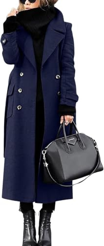 Hecatombic Cappotto Lungo Casual da Lavoro Doppiopetto Invernale da Donna con Risvolto Cintura Doppiopetto Lungo con Tasche Casual da Lavoro e da Ufficio (Blu Navy,M)