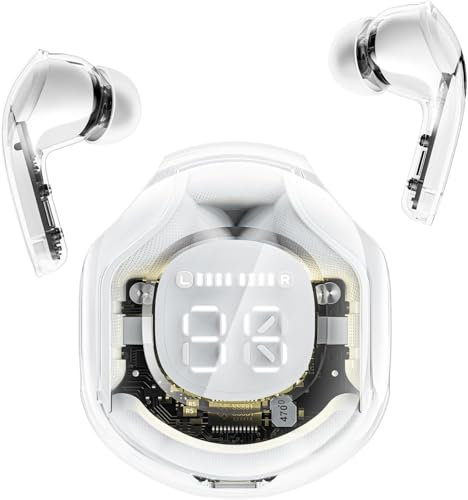 Clear Beat - Auriculares inalámbricos Bluetooth 5.3, diseño transparente, sonido cristalino, impermeables IPX4, funda con carga para smartphone, micrófono integrado, autonomía 2-3 horas, USB-C