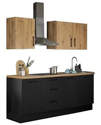 TURIN ZB Küchenzeile Schwarz und Artisan Eiche Optik 210 x 211 x 60 cm | Moderne Küche ohne Elektrogeräte, mit viel Stauraum, großzügige Fächer, Bügelgriffe aus Metall, Küchenzeile ohne E-Geräte