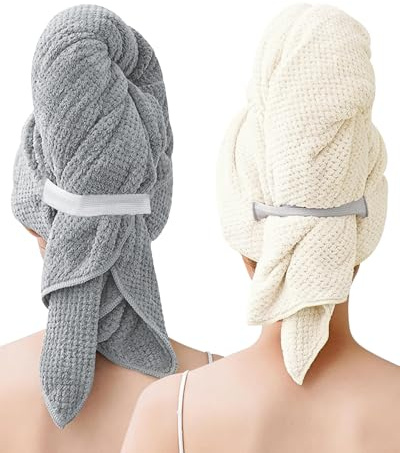 BellaGesundheit Juego de 2 turbantes de microfibra con banda elástica, 100 x 60 cm, de secado rápido y muy absorbente para cabello largo y rizado (gris y blanco crema)