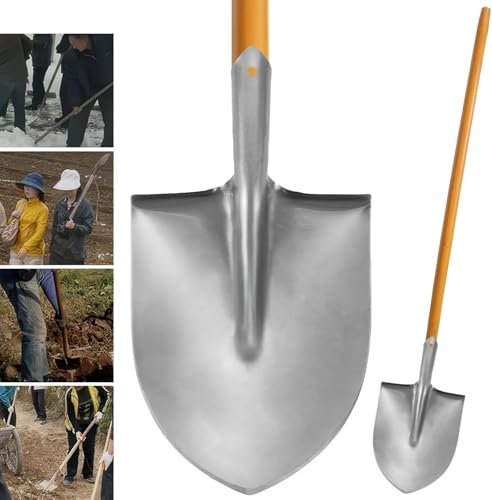 Garden Shovel Heavy Duty Multifunctional Digging Spade with Wooden Handle for Landscaping, Gardening, Contractor, DIY, Trenching, Outdoor Tasks (Round Shovel)