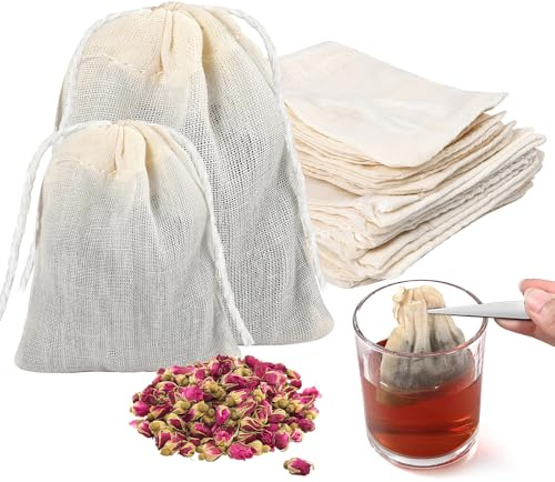 PHOGARY 50 Pack Cotton Muslin Drawstring Bags, Tea Coffee Filter Bags, Muslin Cloths for Cooking, Soaking Medicinal Liquor, Spices Storage, Reusable Cotton Mesh Bag (Size 8x10cm, 6x8cm)