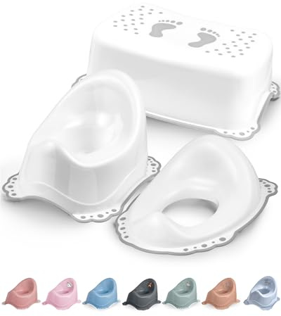 DOCARI Kinder Töpfchen Set 3 in 1 ab 1 Jahr weiß grau – Töpfchenset Jungen Mädchen stabil rutschfest und hygienisch - Ideal fürs Töpfchentraining: Lerntöpfchen Toilettenaufsatz Hocker