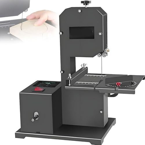 Professionell bänkbandsåg, 800W automatisk multifunktionell bandsåg med lutande metallbord (0-45°), 70 mm skärhöjd och 90 mm hals, träskärmaskin, for träskärningar, skum