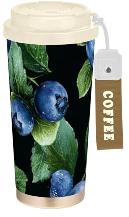Photographic Blueberry Gobelet à café de voyage en acier inoxydable avec couvercle pour boissons chaudes et froides 500 ml Anti-fuite