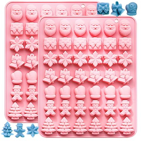 2PCS ChristmasTheme Silicone Molds with Snowflake Gingerbread Santa Claus Gloves Jingle Bells Gift Boxs for Chocolate, Candy, Jelly, Cookie, Cake and Cupcake Decoration (Pink)