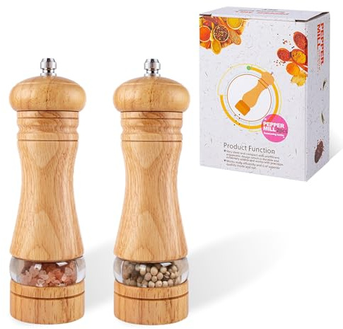 Wooden Salt and Pepper Grinder Set – Refillable Manual Pepper Mills Set of 2 with Adjustable Coarseness, Ceramic Grinding Core and Visible Window for Kitchen, Dining & Cooking