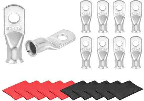 sourcing map 10 Pcs Battery Cable Ends 4 AWG 1/4 Inch Tubular Ring Terminals Closed End Crimp Connectors Bare Copper Eyelet with Heat Shrink Tubing, Silver