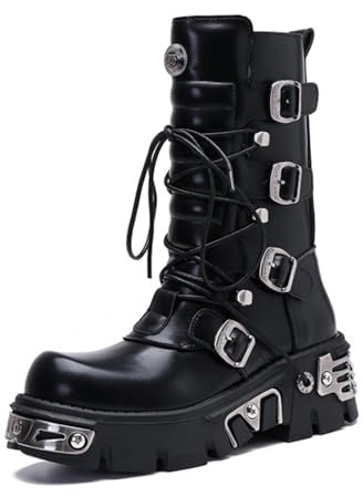 Botas de Plataforma para Mujer, góticos Botines de tacón Grueso, Punta Redonda, Botas de Combate para Mujer, cuñas de Motocicleta con Cordones,Negro,38 EU