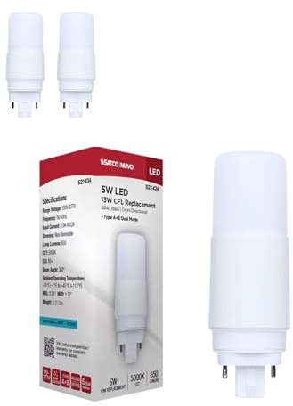 Satco S21434 5W LED PL G24d 2-Pin, Type A/B Dual Mode (Ballast Compatible or Bypass), 5000K Daylight, 650 Lumens, Replaces 13W CFL, Frosted Lens, 120-277V, Rated, Damp, NSF (2 Pack)