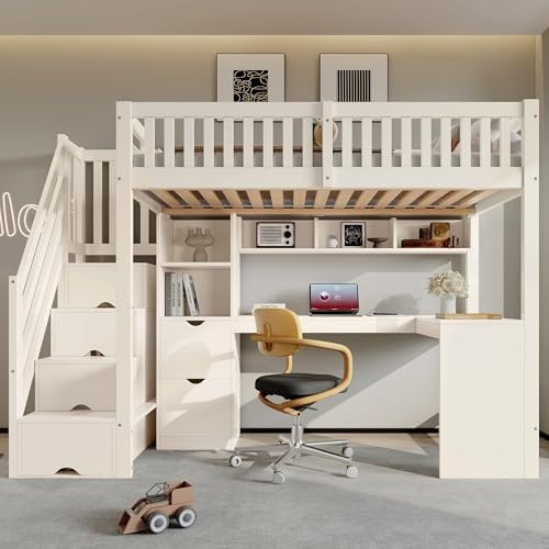 Kebnor Hochbett für Kinder 90x200 cm Weiß mit Treppenschrank und Eckschreibtisch unter dem Bett, Stauraum und Schubladen, platzsparendes Holzbett für Kinder und Jugendliche, ohne Matratze