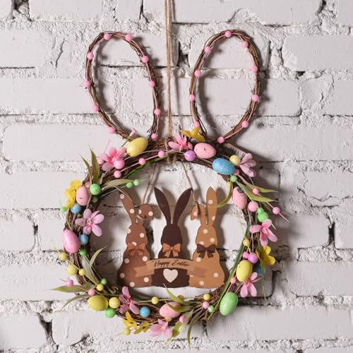 40cm Türkranz Ostern mit LED Licht, Osterdeko Hase Kranz mit Lichterkette Osterkranz Haustür mit Beleuchtung Ostern Deko Kranz zum Aufhängen Osterhase Blumenkranz Wandkranz für Tür Wand (A)