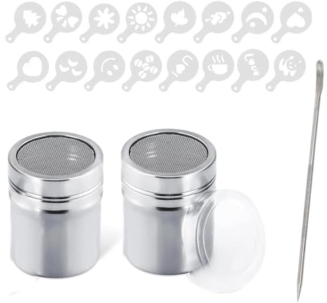 2 Pcs Stainless Steel Flour & Sugar Shaker, 16 Patterns Cappuccino Chocolate Shaker Moulds + 1 Latte Art Stick, Icing Sugar Duster for Coffee, Baking & Chocolate Sprinkling