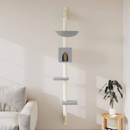 QUAHEAS Arbre à chat - Montage mural - 187 cm - Gris clair - Avec colonne à gratter en sisal - Surface de couchage en peluche - Tour d'escalade - Maison, tapis et meubles en bois solide - Pour
