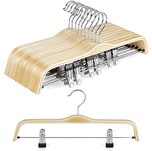 TOPIA HANGER Hölzerne Hosen-Kleiderbügel, schmal Naturholz, mit Rostschutz-Haken und verstellbaren Metall-Clips, perfekt für Röcke, Hosen, Slacks, 10 Stück - CT17N