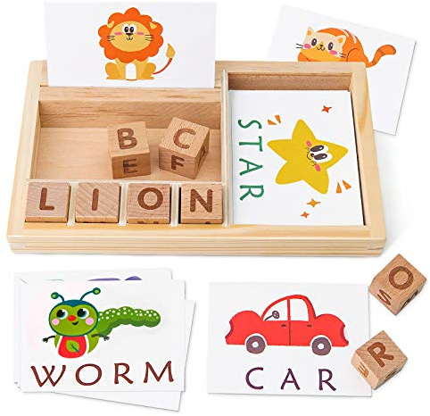 Coogam Spelling Games, Wooden Matching Letters Toy with Flash Cards Words, Montessori ABC Alphabet Learning Educational Puzzle Gift for Preschool Boys Girls Kids Age 3 4 5 Years Old