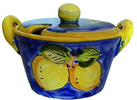 Generico Formaggiera Zuccheriera con Coperchio Blu e Limoni, in Ceramica di Vietri Dipinta a Mano, Diametro 13 cm, Altezza 9 cm