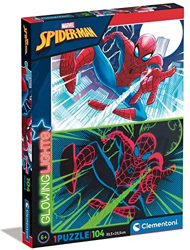 Clementoni - 27555 - Glowing Lights Collection - Marvel Spiderman, puzzle glow in the dark - 104 Pieces - jigsaw puzzles for kids age 6 - Made in Italy, cartoon puzzles