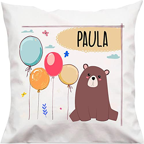 Kleckerliese Baby Kinder Kissen Kissenhülle Tiere Motiv, Bär mit Wunschname Balon Wolken, 40x40 cm Farbe Weiß