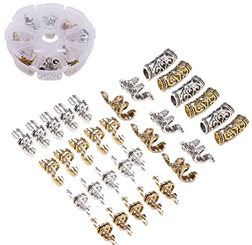 32 Stück Wikinger Haarperlen, Gold Silber Haarschmuck Bart Perlen Haar Zopf Manschette Bartschmuck Dreadlocks Zubehör für Männer und Frauen Partys Festivals Hochzeiten