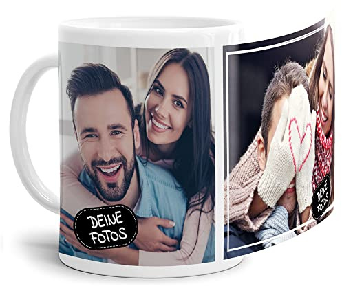 Foto-Tasse zum selbst gestalten mit Foto-Collage für 2 Wunschfotos - Geschenk für Familie, Freunde, Geburtstag, Weihnachten - Keramik Weiß, 300 ml I Personalisiert