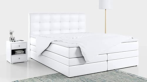 MKS MEBLE Boxspringbett 180x200 mit Bettkasten und Matratze H3 - Boxbett - Weiß Kunstleder - ERNI King