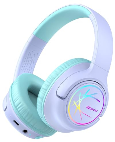 iClever Kids Wireless Headphones with LED Lights, BTH18 Safe Volume 74/85dBA, 43H Playtime, Stereo Sound, Bluetooth5.3 Over Ear Kids bluetooth Headphones for Tablet/Travel (Light Purple)