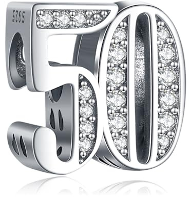 Amuefer Número 50 Charms para Pulseras y Collares, Colgante de Plata de Ley con Circonita Cúbica, Navidad Joyería Regalos para Mujeres