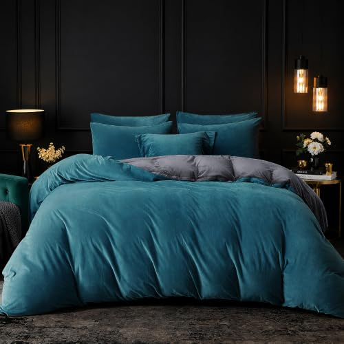 Luowei Warme Bettwäsche 200x200cm Fleece Winter Weich Plüsch Wendebettwäsche 3-Teilig Petrol Kuschelige 200 g/m² Fleece Bettbezug Set für Schlafzimmer mit Reißverschluss und 2 Kissenbezüge 80x80cm
