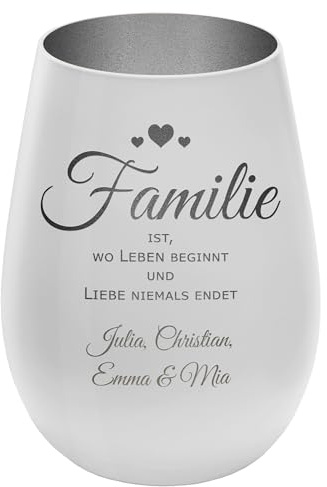 Windlicht mit Gravur Familie - personalisierbar mit Namen - Außen Weiß/Innen Silber - Höhe 12 cm - Teelichthalter Kerzenhalter Vornamen Familienmitglieder