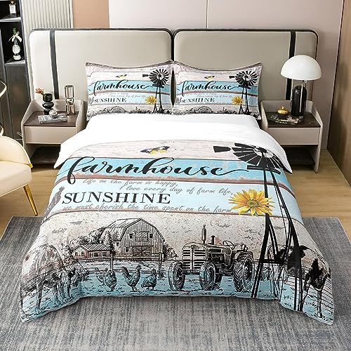 Rustikale Windmühle Bauernhaus 100% Bio-Baumwolle Bettbezug,Traktor Kabine Bettwäsche Set 155x220,Kuh Rinder Bauernhof Tier Sonnenblume Tröster Abdeckung,Positive Zitate Bett Sets mit 1 Kissenbezug
