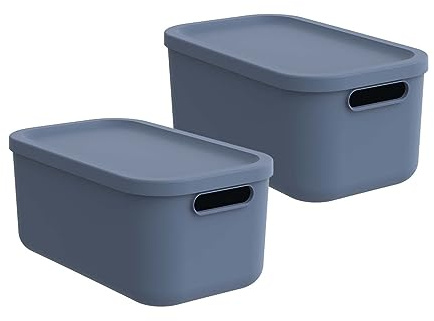 Rotho Albula Aufbewahrungsbox mit Deckel 12 L 2er-Set stapelbare Boxen Blau | 2 Griffe zum einfachen Tragen, sicher verschließbar, nestbar bei Nichtgebrauch, aus recyceltem Kunststoff, pflegeleicht