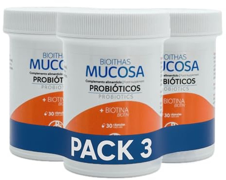 BIOITHAS MUCOSA - Probiótico para el Cuidado de las Mucosas - Alivio de Mucositis Oral, Digestiva y Urogenital. Probióticos y Biotina para el Cuidado de las MUCOSAS. Pack de 3 Envases de 30 Cápsulas