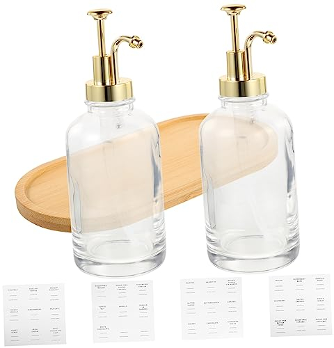 Mikinona 1ensemble Flacon Distributeur Verre pour Syrup Et Lotion avec Design Pratique De Bouteilles Transparentes avec Étiquettes Et Plateau pour Café Miel Et Accessoires De Cuisine