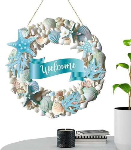 Cartello Di Benvenuto In Legno Con Conchiglia Di Stella Marina - Ghirlanda Costiera In Legno 2D | Cartello Rustico Con Ghirlande Di Benvenuto Con Motivo Blu | Decorazione Da Appendere Alla Parete Con