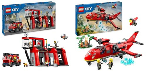 LEGO City Feuerwehrstation mit Drehleiterfahrzeug, Feuerwehr-Spielzeug & City Löschflugzeug, Feuerwehr-Set mit Flugzeug-Spielzeug
