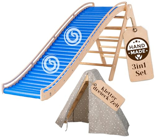 WoodsCraft 3in1 Wellenrutsche mit Kletterdreieck, Sprossenwand für Kinderzimmer & Kinderzelt Indoor | Rutsche Outdoor & Indoor | Kinderrutsche-Rollenrutsche | Kinder & Baby Rutsche für den Garten
