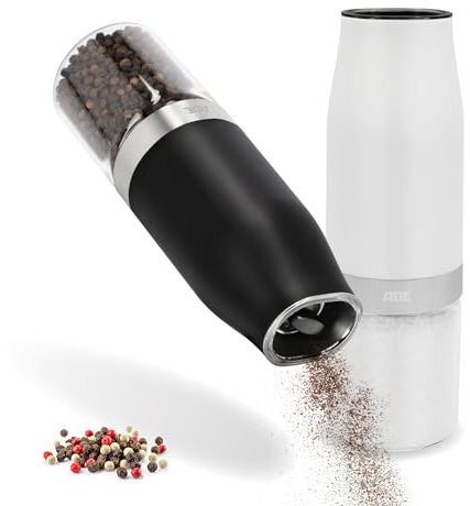ADE Salieres et poivrieres electrique lot de 2 | moulin à poivre ou à sel avec broyeur en céramique | pour le gros sel, le poivre, le chili, les herbes séchées | Moulin à épices avec éclairage LED