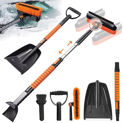 Shinybox Eiskratzer Schneebürste Schneeschieber, 5 in 1 Abnehmbar Eiskratzer Langer Stiel Ausziehbare Schneeschieber, Schneefeger mit Rotierender Kopf für Auto SUV Truck LKW, Fenster, Boden