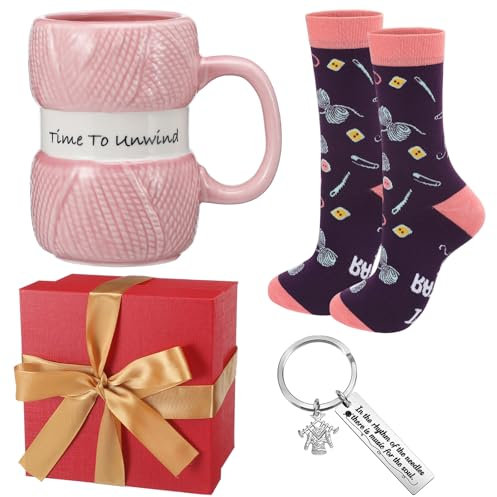 Tioncy 4 Pcs Pink Christmas Crochet Knitter Gift Set for Women Knitting Lovers Coffee Mugs Novelty Socks Keychains Funny Crocheter Gift for Her Xmas Christmas with Red Box