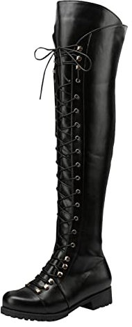 Overknees Stiefel Damen Flach Mit Reißverschluss - Kniehohe Stiefel Langschaft Lederstiefel Rundzehe Schnürstiefel Retro Reitstiefel Knee-High Springerstiefel Gothic Pu-Leder-Stiefel