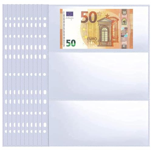 WUSJCOF 10er-Pack 60 Taschen 11-Loch Banknoten-Hüllen, Nachfüllseite für Bargeldsammelalben, Doppelseitige Währungsblätter mit 3 Taschen zum Sammeln von Euro, Papiergeld, Fremdwährungen und Coupons