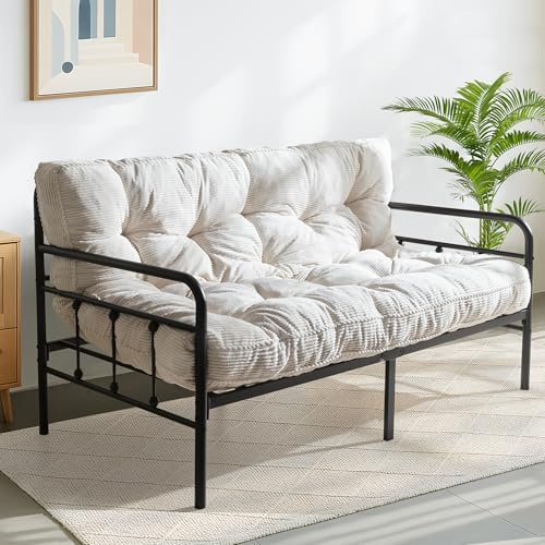 MAXYOYO 6 Futon Mattress Full Size, Tufted Futons Sofa Couch with Twisted Rope Design Edging, Thick Corded Fabric Floor Mattress for Adults, Shredded Foam Filling (Frame Not Included), Beige