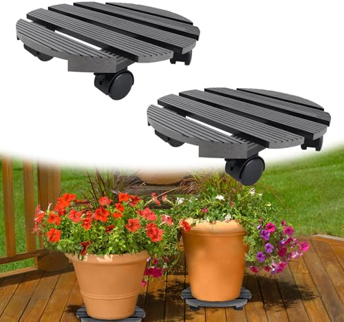 VA-Cerulean Pflanzenroller Pflanzen Untersetzer WPC Blumen Rollbrett, Blumenroller, mit 360° Räder, Kübelroller für Außenbereich und Innenbereich, 100 kg Tragkraft (Anthrazit,Rund)