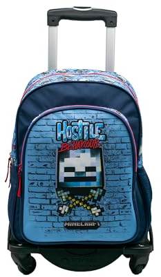 Mochila Escolar Minecraft Hostile Behaviour - Doble Compartimento Adaptable + Carro Negro TOYBAGS con Proteccion Lateral Y STOPER Frontal Anti CAIDA 4 Ruedas giratorias - 44 X 30 X 20 CM