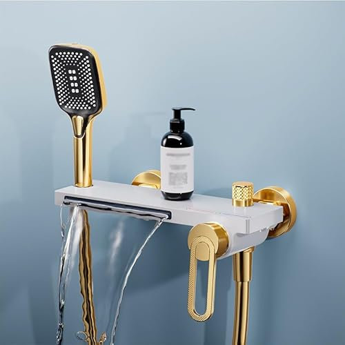Rubinetto per Vasca da Bagno a Parete, Miscelatore per Vasca a Cascata con doccetta, rubinetti per Vasca con Attacco Doccia, deviatore per Vasca in Ottone, Bianco+Oro